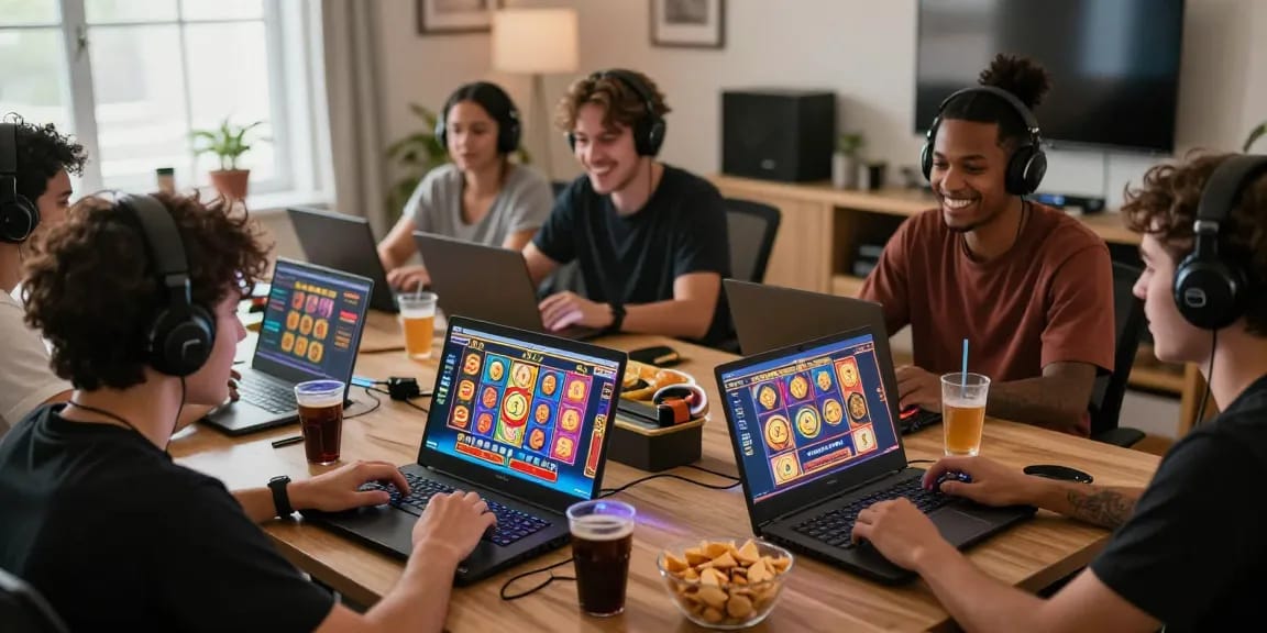 Permainan slot online seru dengan pemain beragam beraksi di perangkat mereka.