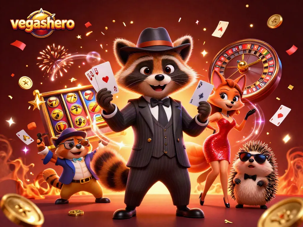Engage with vegashero’s thrilling casino scene featuring a suave raccoon, edgy fox, and a bouncer amidst colorful slot reels.