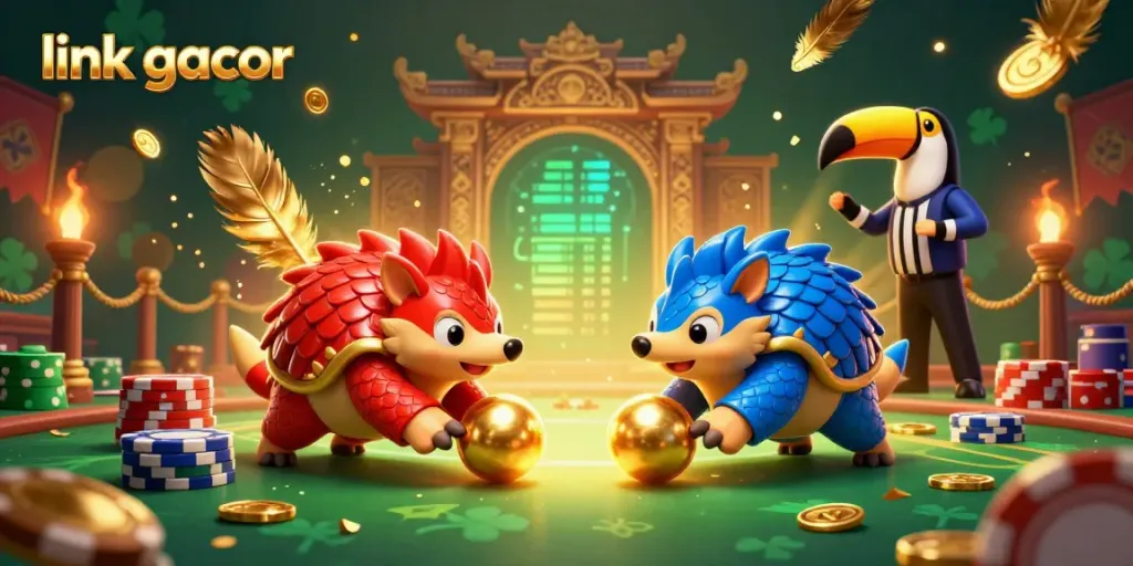 Celebrate jackpot wins with link gacor illustrated in a vibrant casino scene featuring playful pangolins.