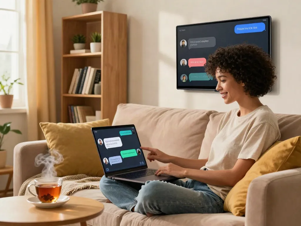 Cozy living room scene of a person using spicy AI on a laptop, warm lighting, creative ambiance.
