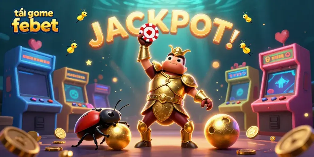 Experience excitement as you tải game febet with a victorious hercules beetle and glowing casino elements.