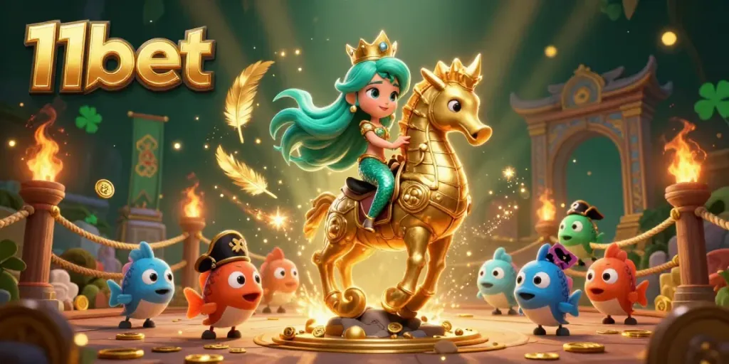 Experience the vibrant world of 11bet with an enchanting mermaid princess and a seahorse guardian amidst gems and treasures.