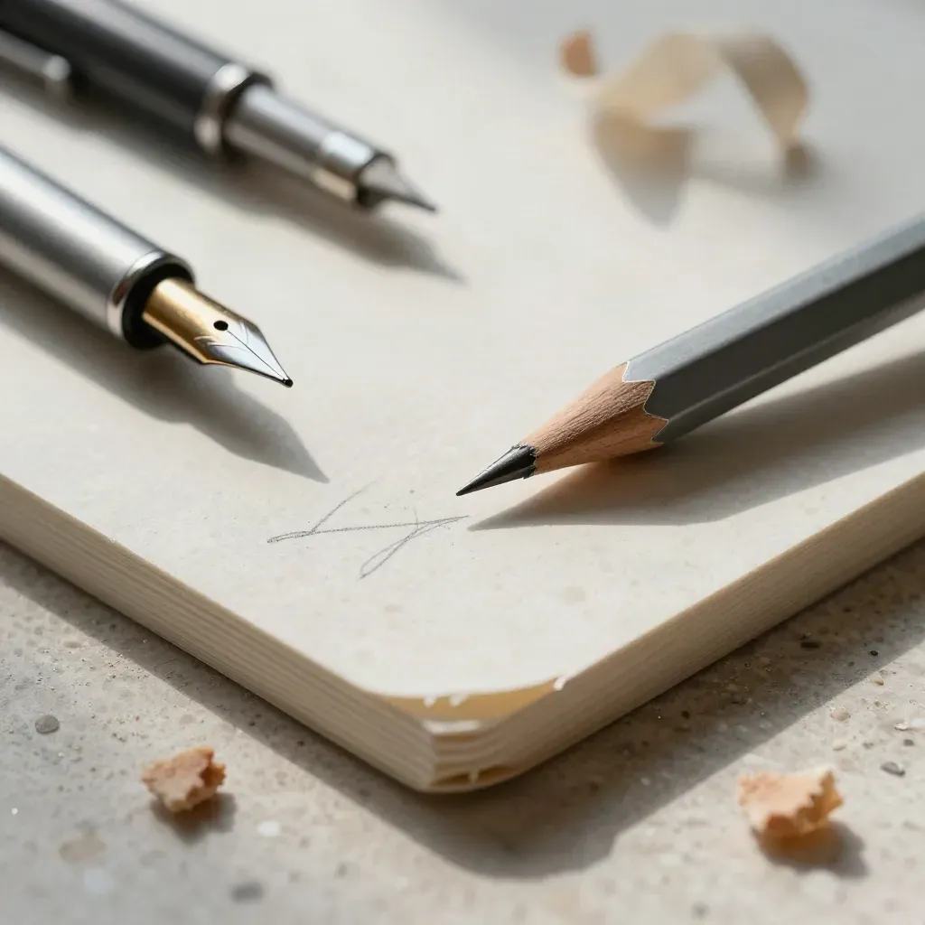 Macro van schrijfgerei met grafietstrepen, gumkruimels en papierstof op travertin.