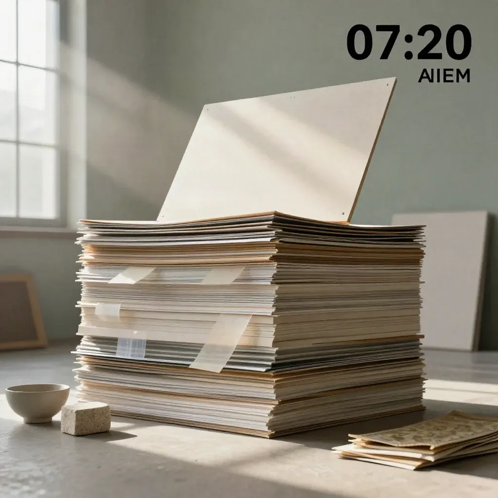Monumentale merkwereld in een licht pakhuisatelier met boards, map, stalen en kalksteen in ochtendmist