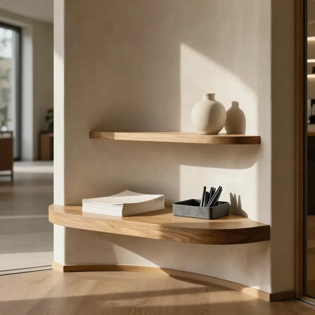 Moderne ontvangstnis met brochures en wandplank in warm namiddaglicht, vanuit de deuropening.