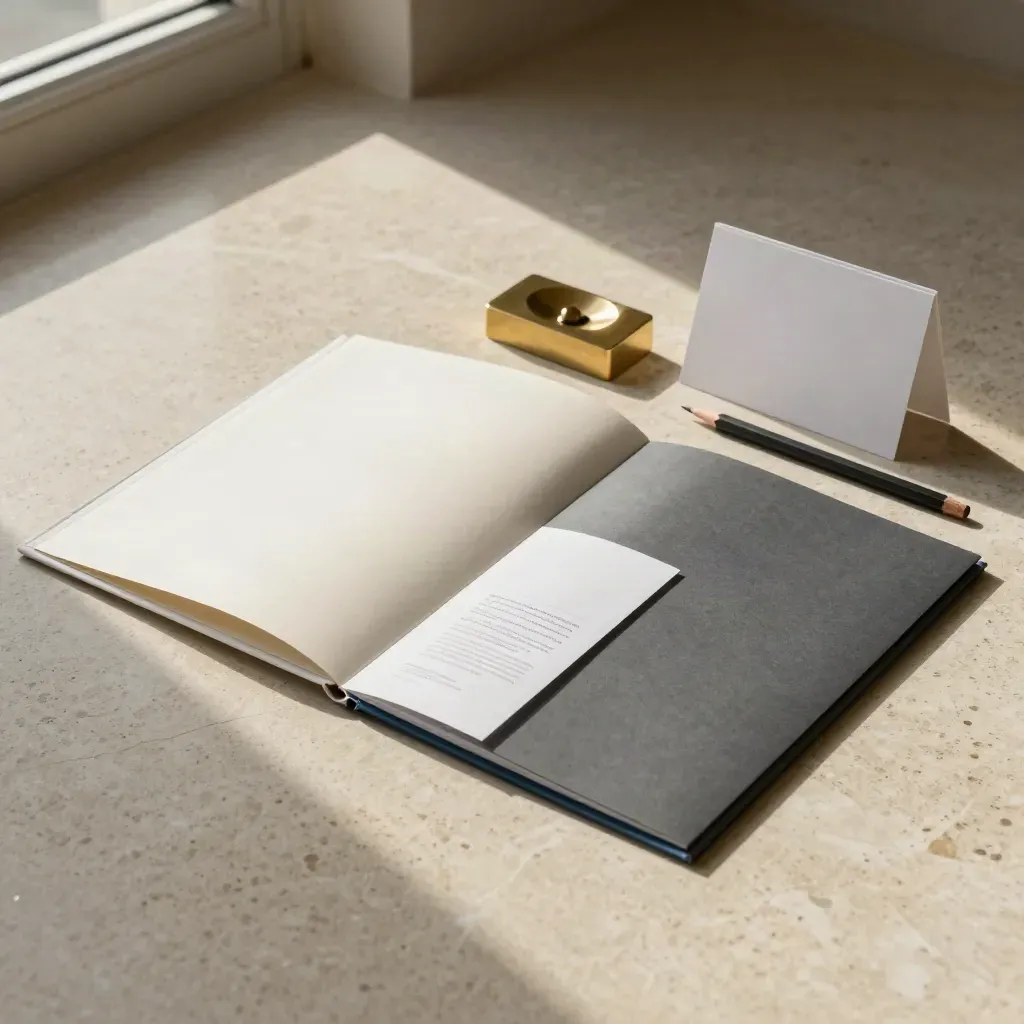 Bovenaanzicht van een adviespakket op travertin met mappen, brochure, paperweight en potlood.