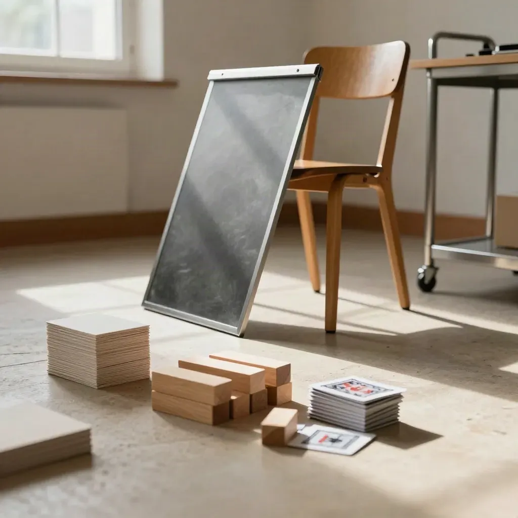 Lege workshopruimte na afloop met stoelen, kaarten, houten blokken en een presentatiestandaard.
