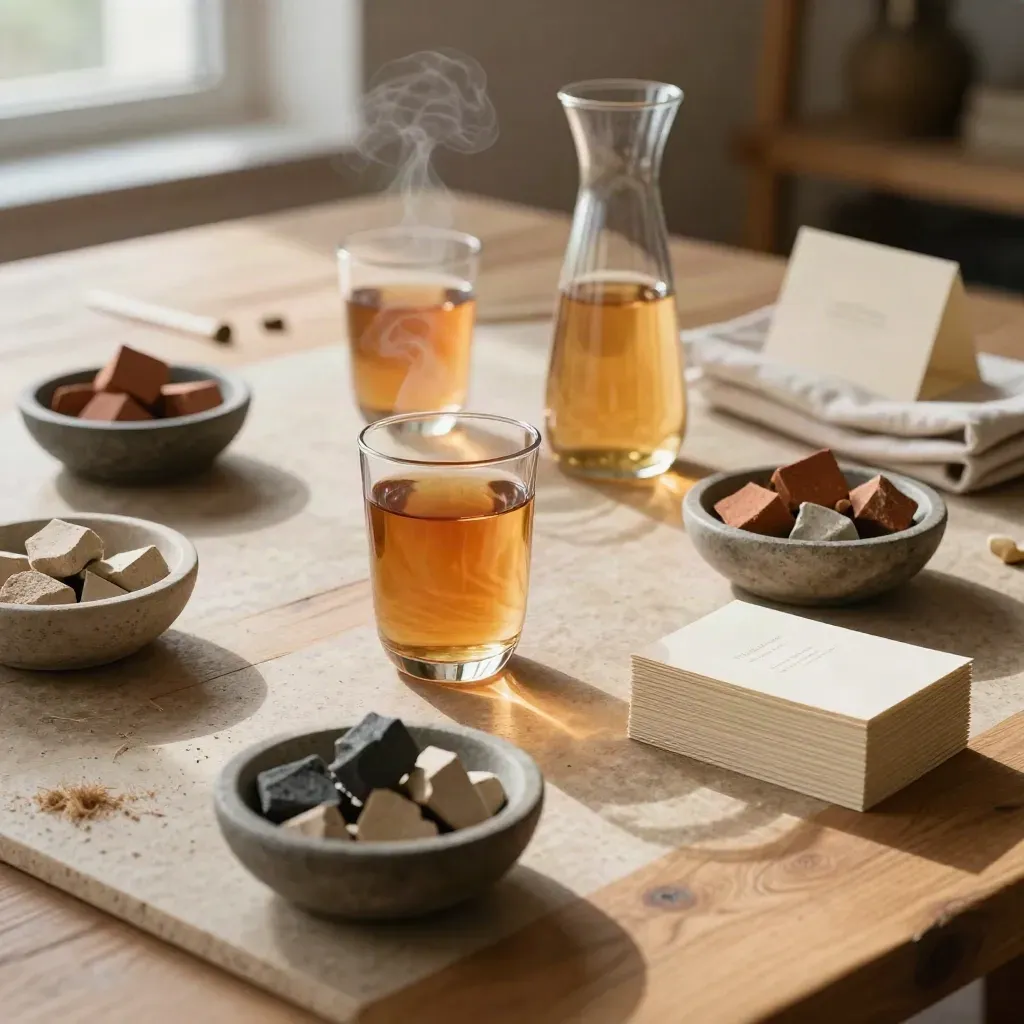 Workshoptafel met thee, waterkaraf, stenen schalen en sessiekaartjes in zacht daglicht.