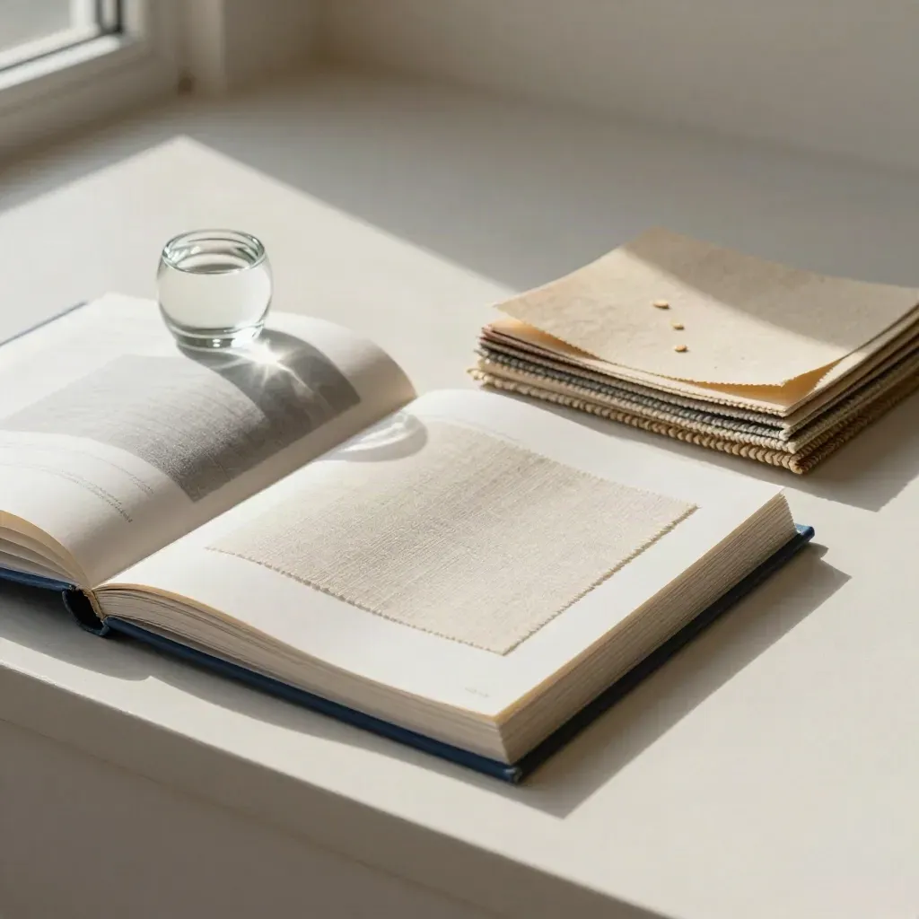 Uitgeklapt sampleboek met papier- en linnenstalen en een glazen presse-papier