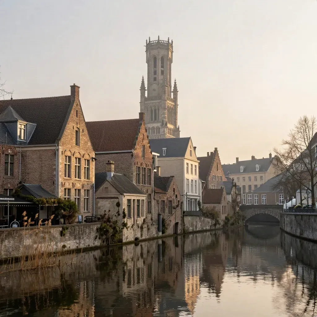 Domtoren en oude Utrechtse daklijn boven een stille gracht in warm winterlicht.