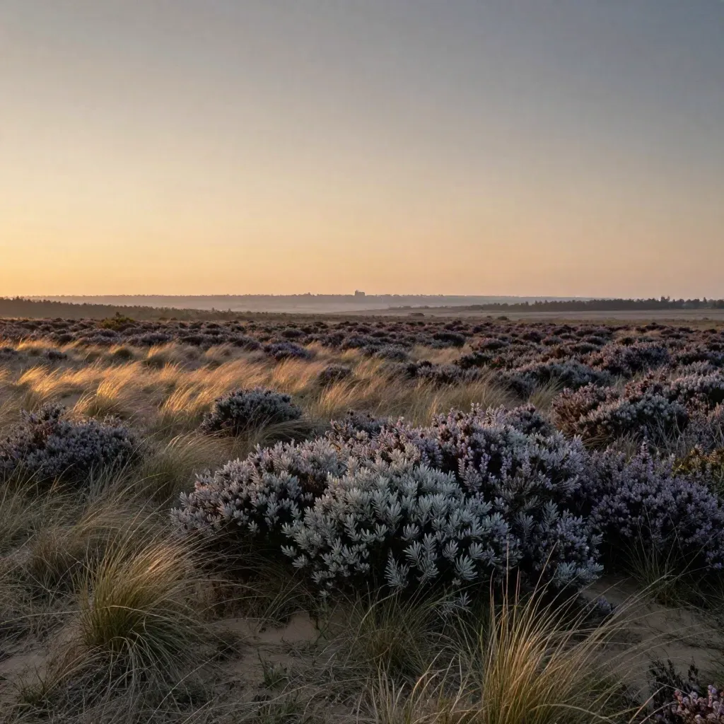 Brede Brabantse heide met verre stadslijn in warme avondnevel