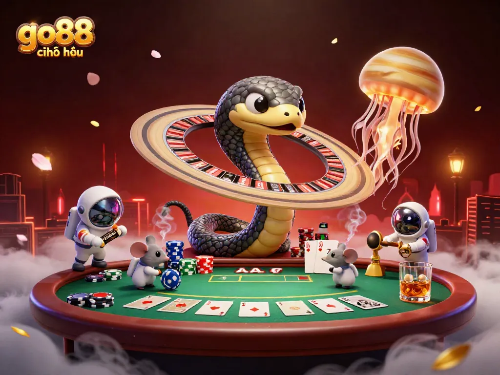 Experience go88 chính thức with vibrant casino action featuring a cosmic roulette snake.