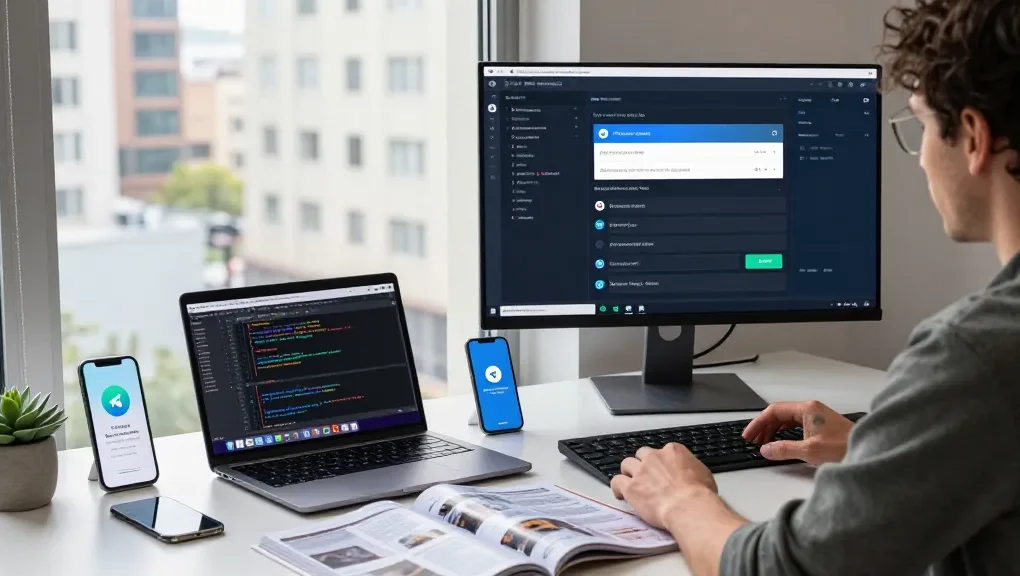 Developer using Telegram Web Version on a desktop in a modern workspace with tech accessories.