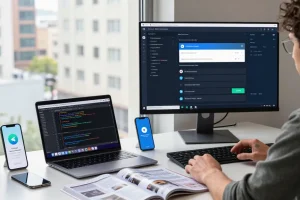 Developer using Telegram Web Version on a desktop in a modern workspace with tech accessories.