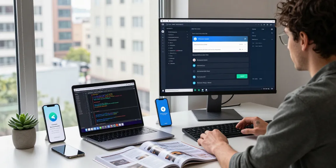 Developer using Telegram Web Version on a desktop in a modern workspace with tech accessories.