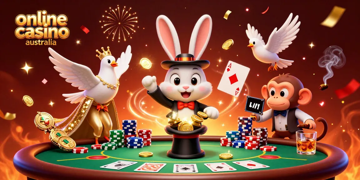 Engage with online casino Australia vibes in this vibrant scene with a magician, dove, and monkey at play.