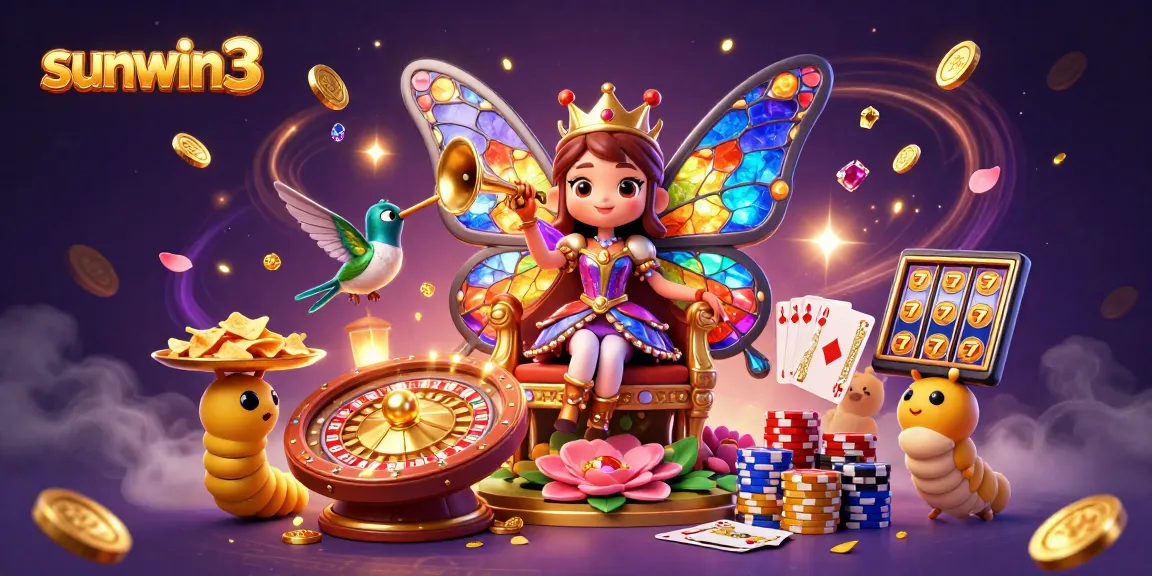 Experience the excitement of sunwin3 as coins cascade around a magical game scene with butterfly queen and poker elements.