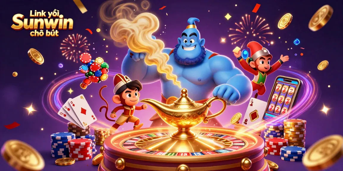 Experience the excitement of gambling with Link vào Sunwin chính thức featuring an animated genie and poker elements.